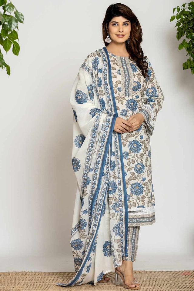 White Floral print Cotton Kurti Pant Set