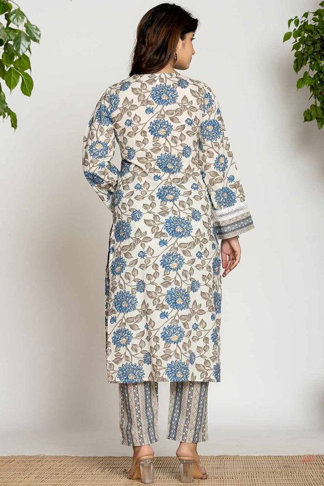 White Floral print Cotton Kurti Pant Set