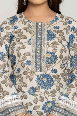 White Floral print Cotton Kurti Pant Set