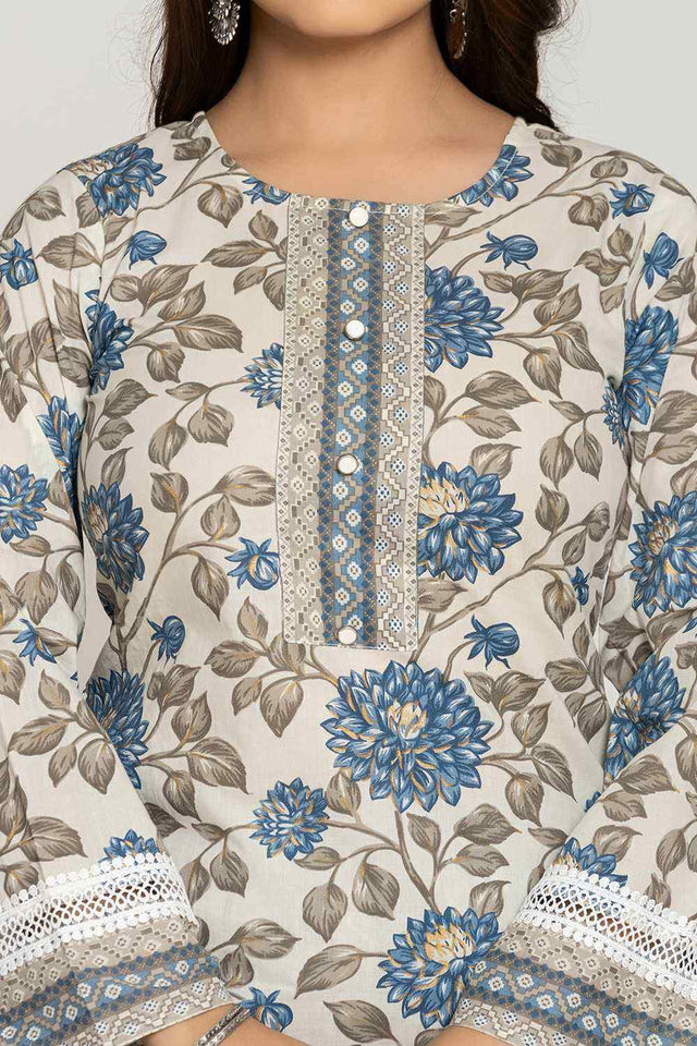 White Floral print Cotton Kurti Pant Set