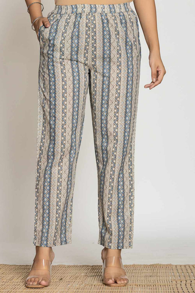 White Floral print Cotton Kurti Pant Set