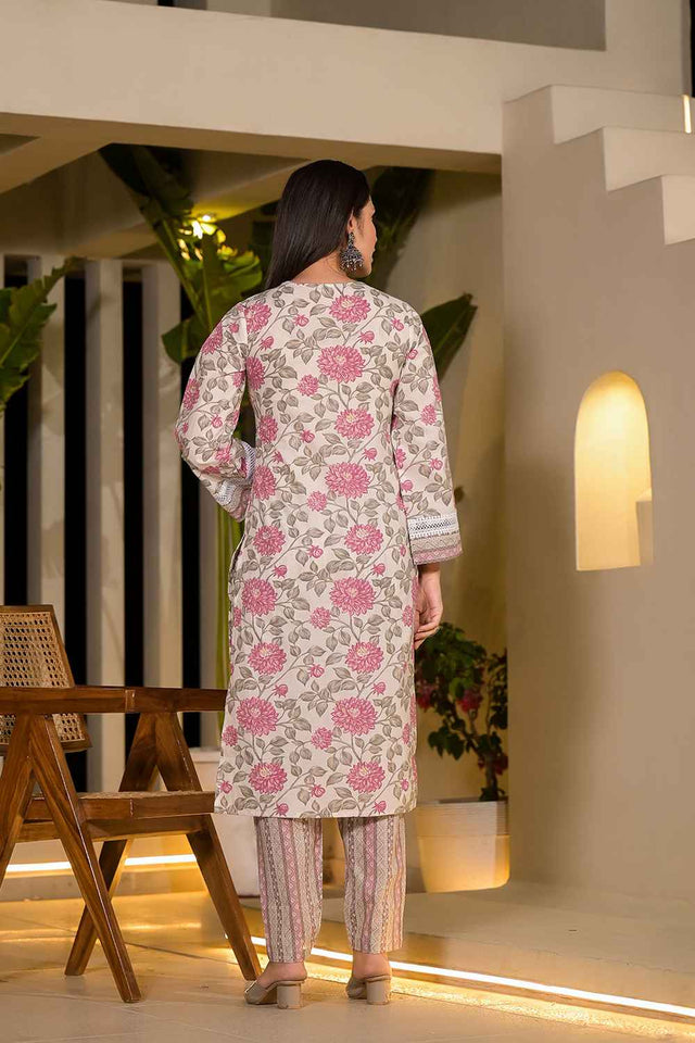 Pink Floral Print Pure Cotton Kurti Pant Set