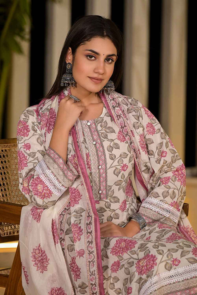 Pink Floral Print Pure Cotton Kurti Pant Set