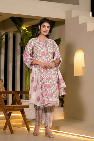 Pink Floral Print Pure Cotton Kurti Pant Set
