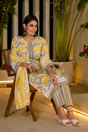 Yellow Floral Print Pure Cotton Kurti Pant Set