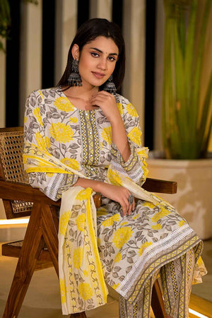 Yellow Floral Print Pure Cotton Kurti Pant Set