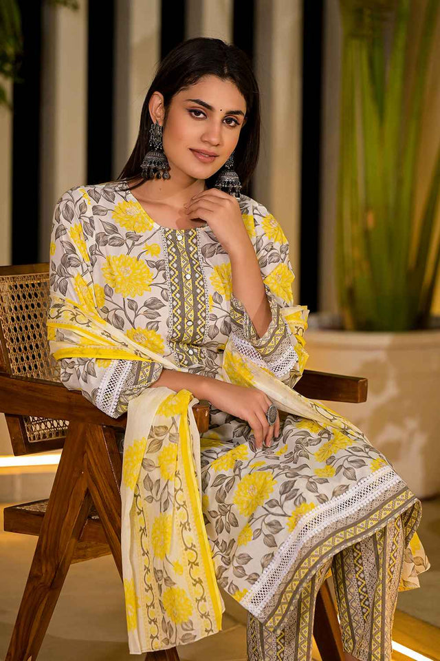 Yellow Floral Print Pure Cotton Kurti Pant Set