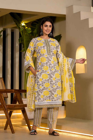 Yellow Floral Print Pure Cotton Kurti Pant Set