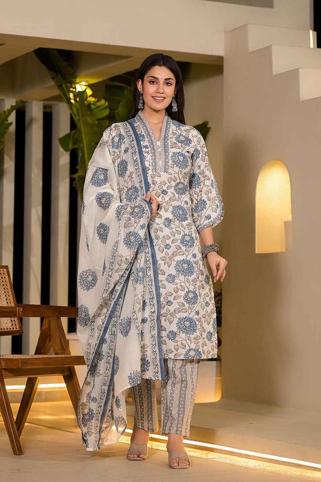 Multi-Color Floral Print Pure Cotton Kurti Pant Set