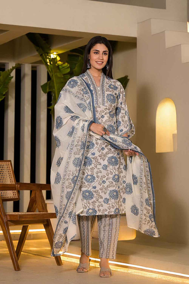 Multi-Color Floral Print Pure Cotton Kurti Pant Set