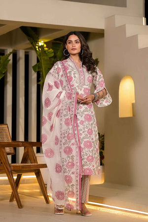 Multi-Color Floral Print Pure Cotton Kurti Pant Set