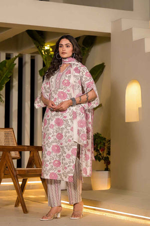 Multi-Color Floral Print Pure Cotton Kurti Pant Set