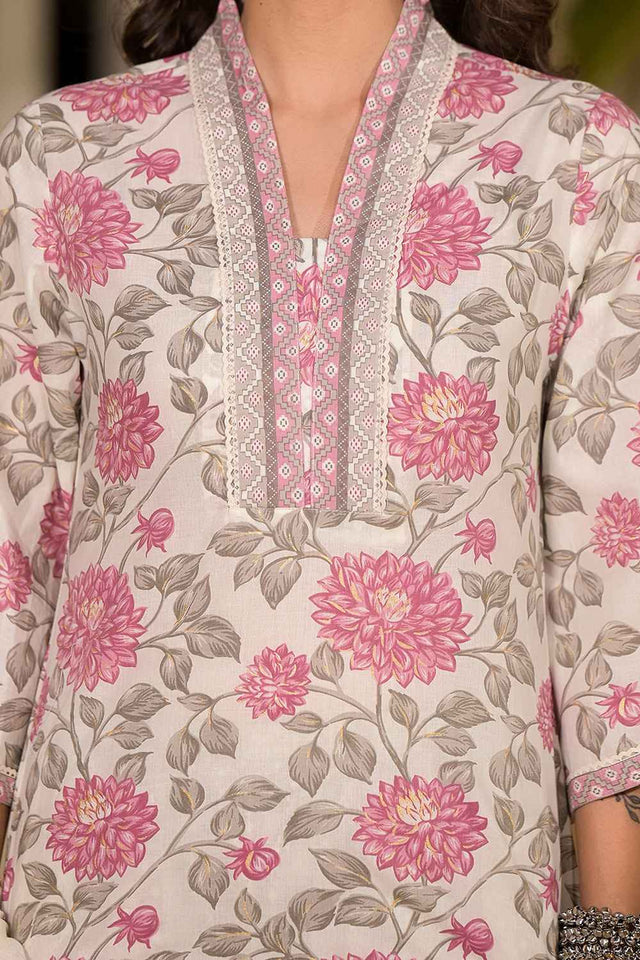Multi-Color Floral Print Pure Cotton Kurti Pant Set