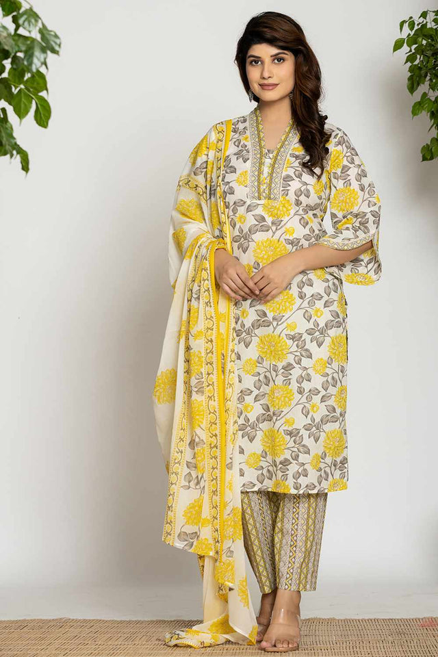 White Floral print Cotton Kurti Pant Set