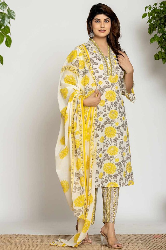White Floral print Cotton Kurti Pant Set