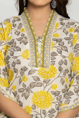 White Floral print Cotton Kurti Pant Set