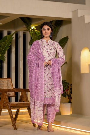 Violet Printed Cotton Straight Cut Suit Set