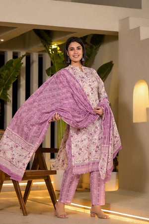 Violet Printed Cotton Straight Cut Suit Set