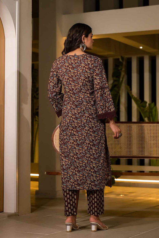 Red Floral Print Lace Work Pure Cotton Kurti Pant Set