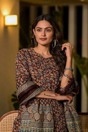 Red Floral Print Lace Work Pure Cotton Kurti Pant Set