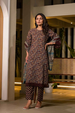 Red Floral Print Lace Work Pure Cotton Kurti Pant Set