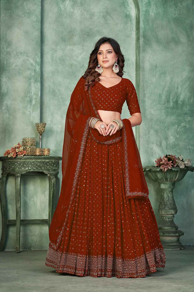 Maroon Sequin with Embroidered Georgette Lehenga