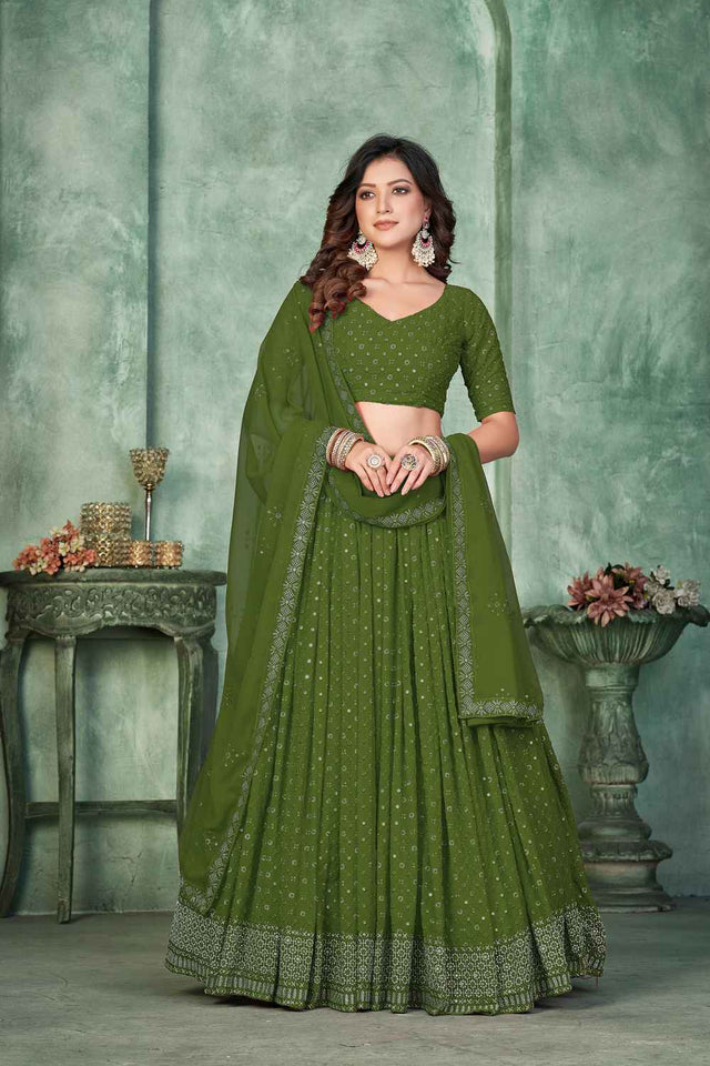 Mehendi Sequin with Embroidered Georgette Lehenga