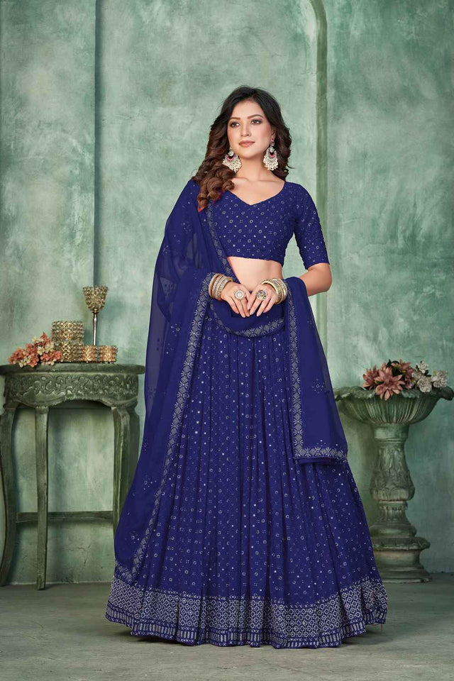 Navy Blue Sequin with Embroidered Georgette Lehenga