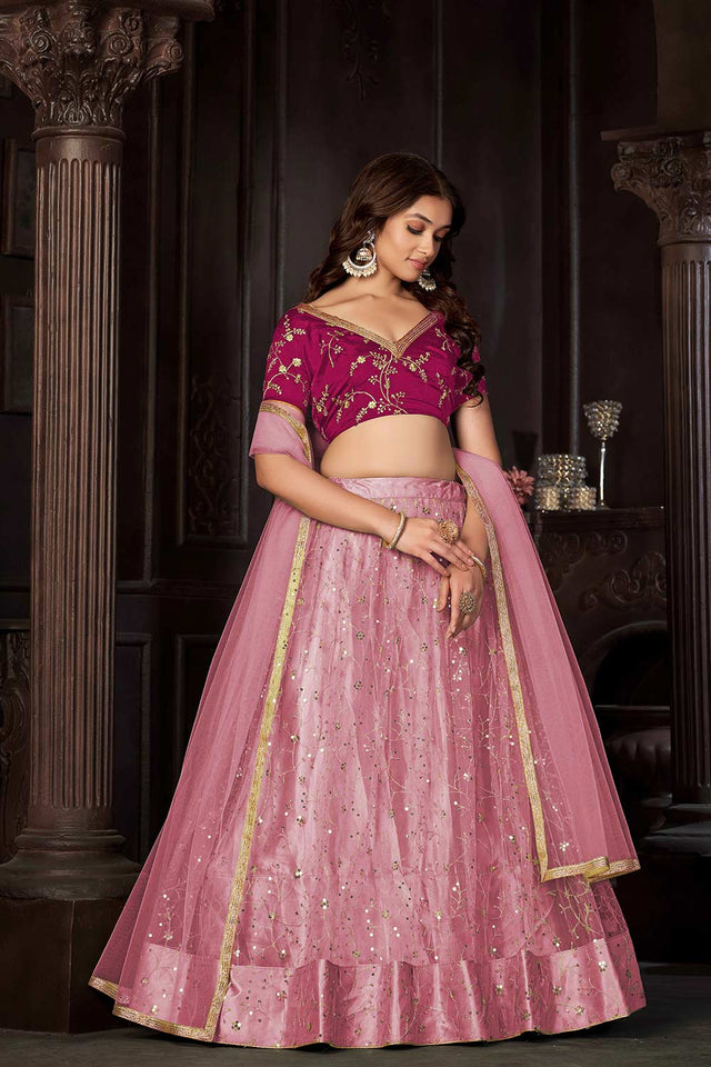 Baby Pink Net Embroidery , Sequin . V-Neck Lehenga