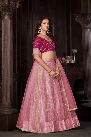 Baby Pink Net Embroidery , Sequin . V-Neck Lehenga