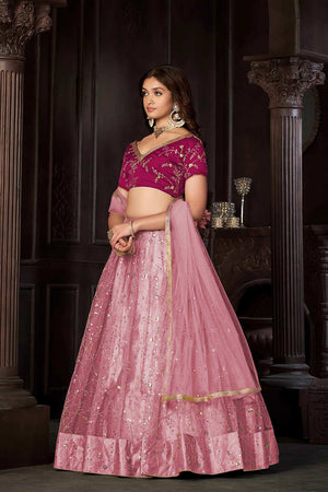 Baby Pink Net Embroidery , Sequin . V-Neck Lehenga