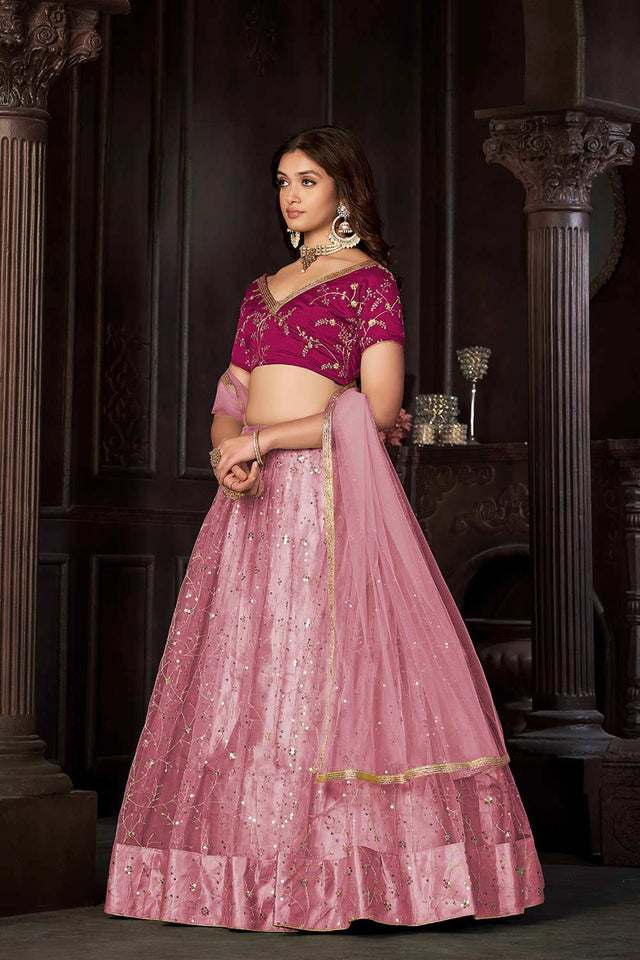 Baby Pink Net Embroidery , Sequin . V-Neck Lehenga