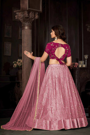 Baby Pink Net Embroidery , Sequin . V-Neck Lehenga