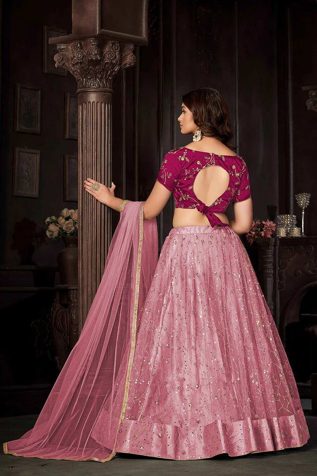 Baby Pink Net Embroidery , Sequin . V-Neck Lehenga
