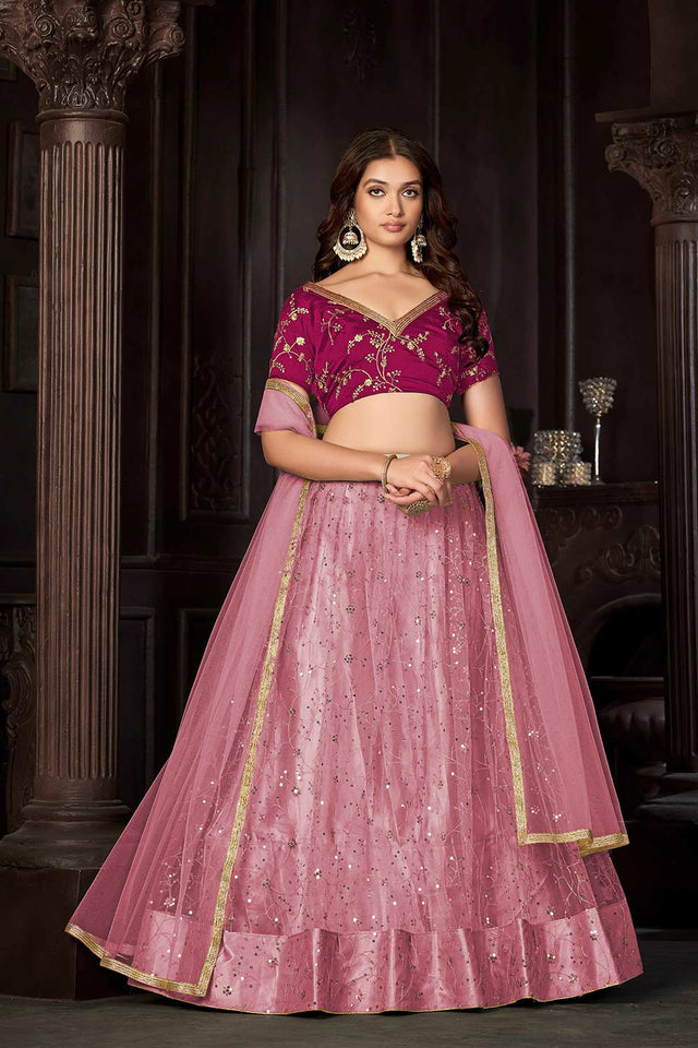 Baby Pink Net Embroidery , Sequin . V-Neck Lehenga