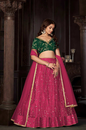 Dark Pink Net Embroidery , Sequin . V-Neck Lehenga