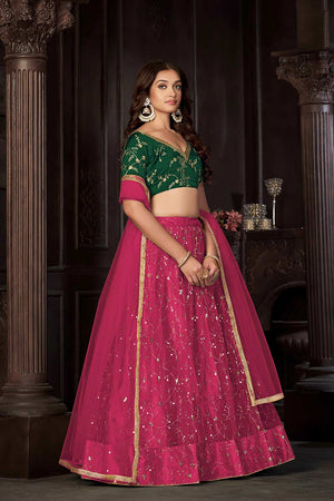 Dark Pink Net Embroidery , Sequin . V-Neck Lehenga