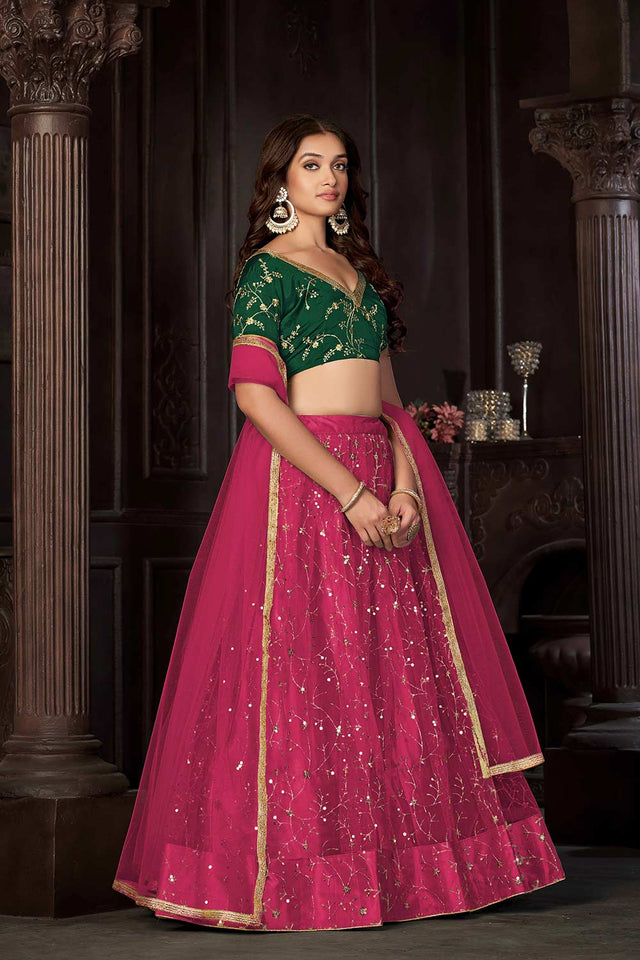 Dark Pink Net Embroidery , Sequin . V-Neck Lehenga