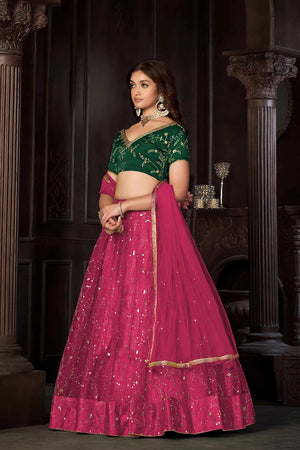 Dark Pink Net Embroidery , Sequin . V-Neck Lehenga