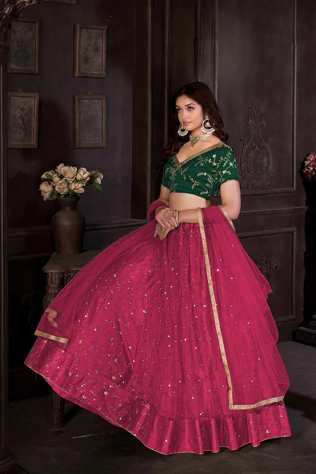 Dark Pink Net Embroidery , Sequin . V-Neck Lehenga