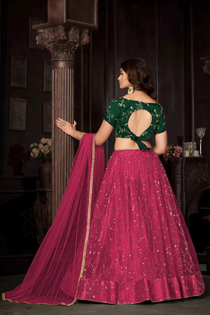 Dark Pink Net Embroidery , Sequin . V-Neck Lehenga