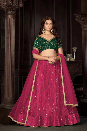 Dark Pink Net Embroidery , Sequin . V-Neck Lehenga