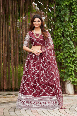 Maroon Net Embroidery Round Neck Lehenga