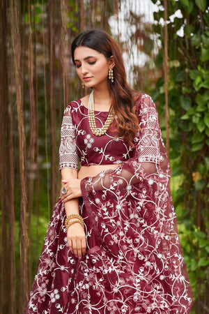 Maroon Net Embroidery Round Neck Lehenga