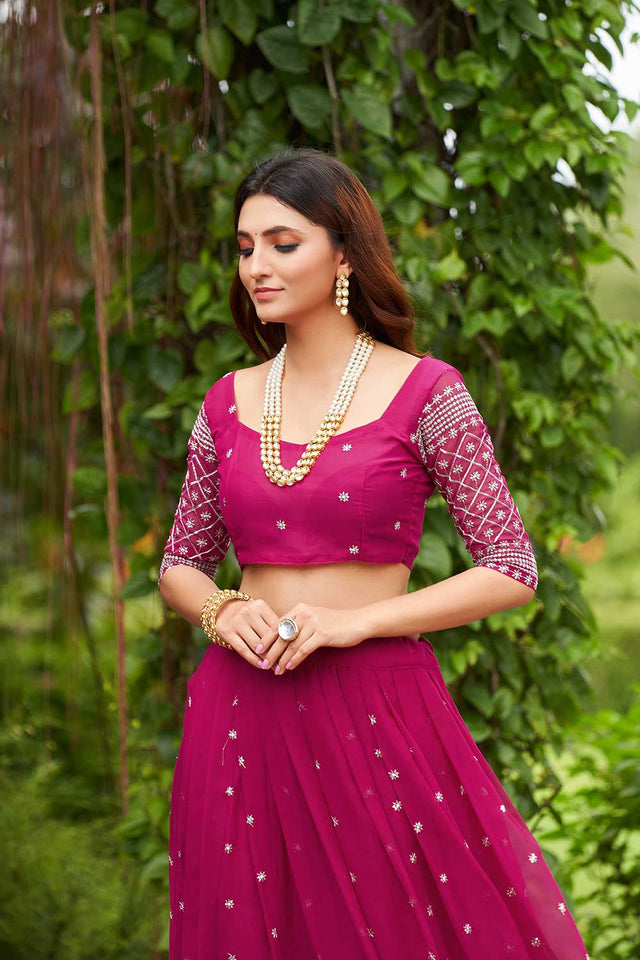 Pink Georgette Embroidery Round Neck Lehenga