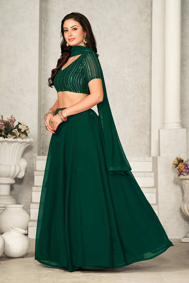 Green Georgette Embroidery & Sequin V-Neck Lehenga