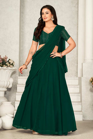 Green Georgette Embroidery & Sequin V-Neck Lehenga
