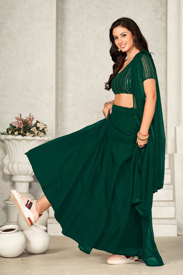 Green Georgette Embroidery & Sequin V-Neck Lehenga