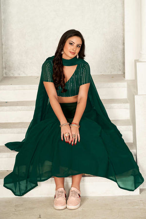 Green Georgette Embroidery & Sequin V-Neck Lehenga