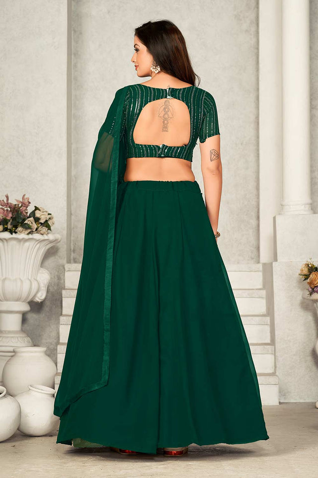 Green Georgette Embroidery & Sequin V-Neck Lehenga